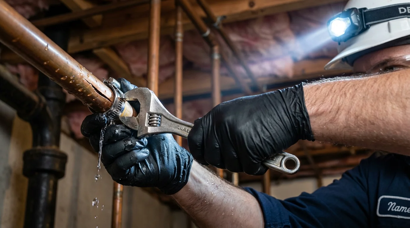 Emergency pipe clamp repair being performed by a Johns Plumbing LLC plumber in Crewe