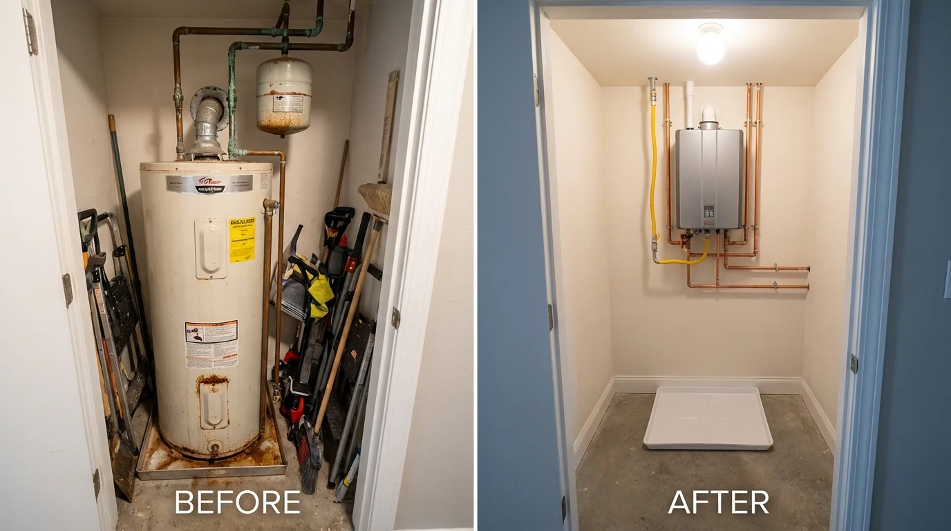 Tank water heater versus wall-mounted tankless unit comparison for Crewe, VA homeowners