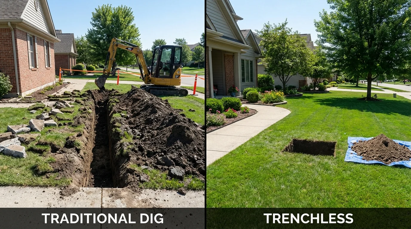 Trenchless sewer repair with minimal yard damage versus traditional excavation in Crewe, VA